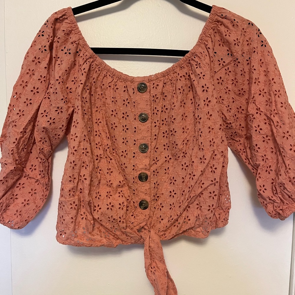 America Eagle Eyelet Off the Shoulder Cropped Blouse, Size M